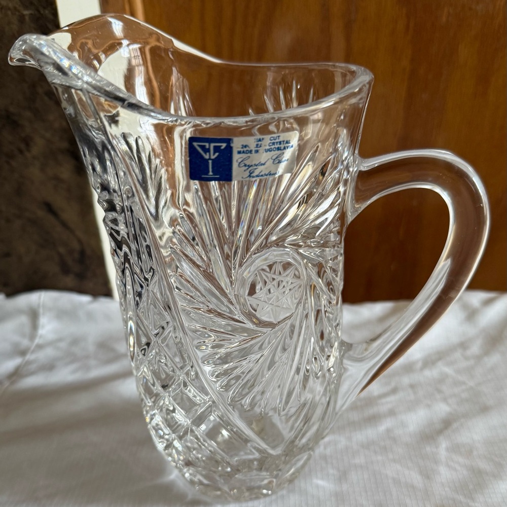 Vintage Lead Crystal Elegant Pitcher Hand Etched Floral and Star of David
